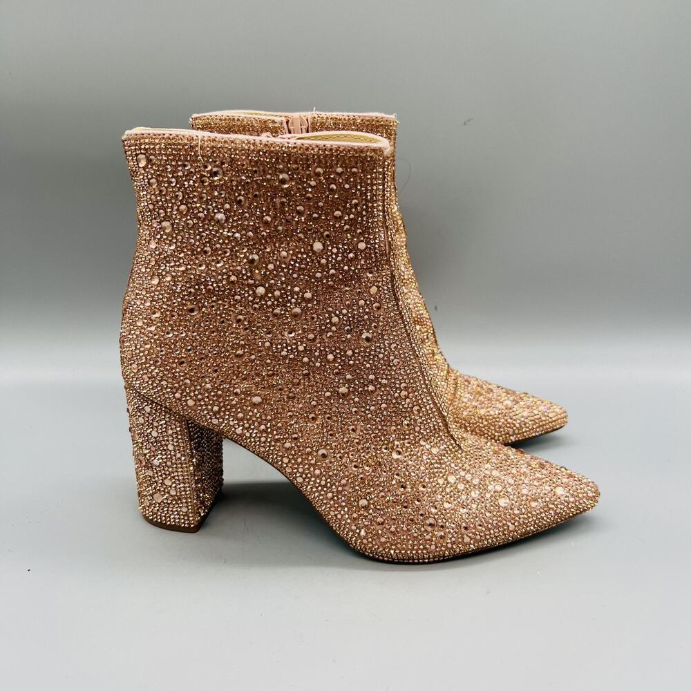 Betsey Johnson Boots Womens 7 Gold Rhinestone Cady Ankle Block Heel Bootie Party